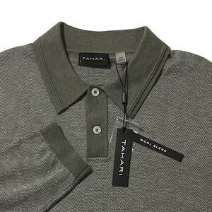 Tahari‎ Men's Wool Blend Long Sleeve Knit Polo Shirt Sage Heather Medium Casual